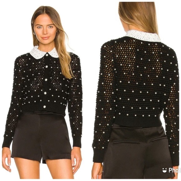 Alice + Olivia Collins Pearl Embellished Crochet Cardigan Large Wool Sweater
